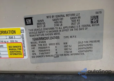 2015 GMC Acadia Slt-1 from USA, damaged, VIN 1GKKRRKD8FJ347456